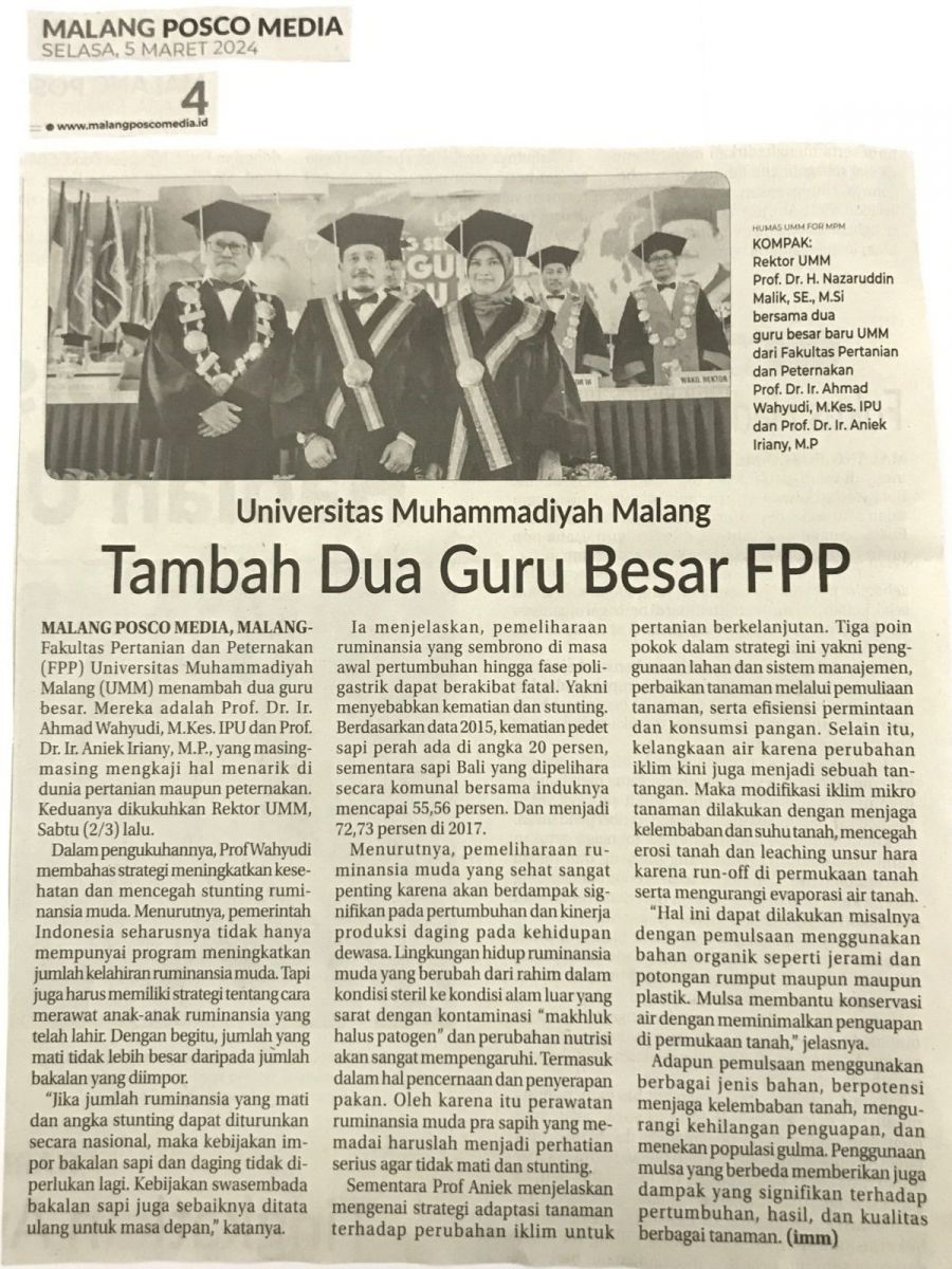 Universitas Muhammadiyah Malang Tambah Dua Guru Besar FPP UMM In